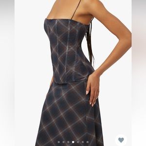 We Wore What mesh diagonal plaid peplum corset top and matching midi skirt